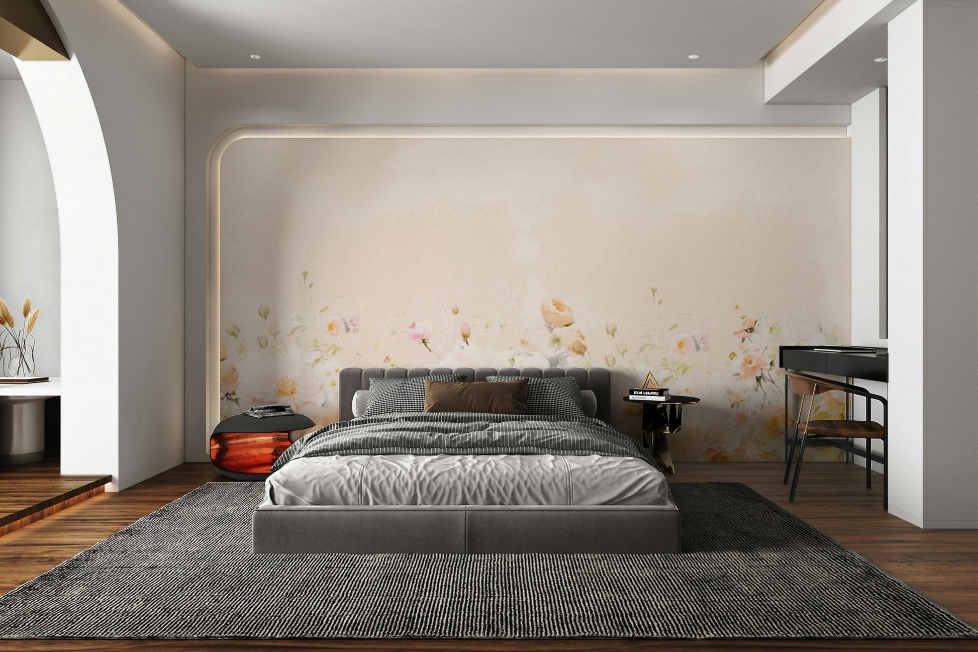 Elegant watercolor floral design on a wall mural.

