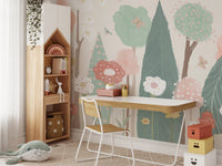 Elegant watercolor floral trees mural for serene wall decor.
