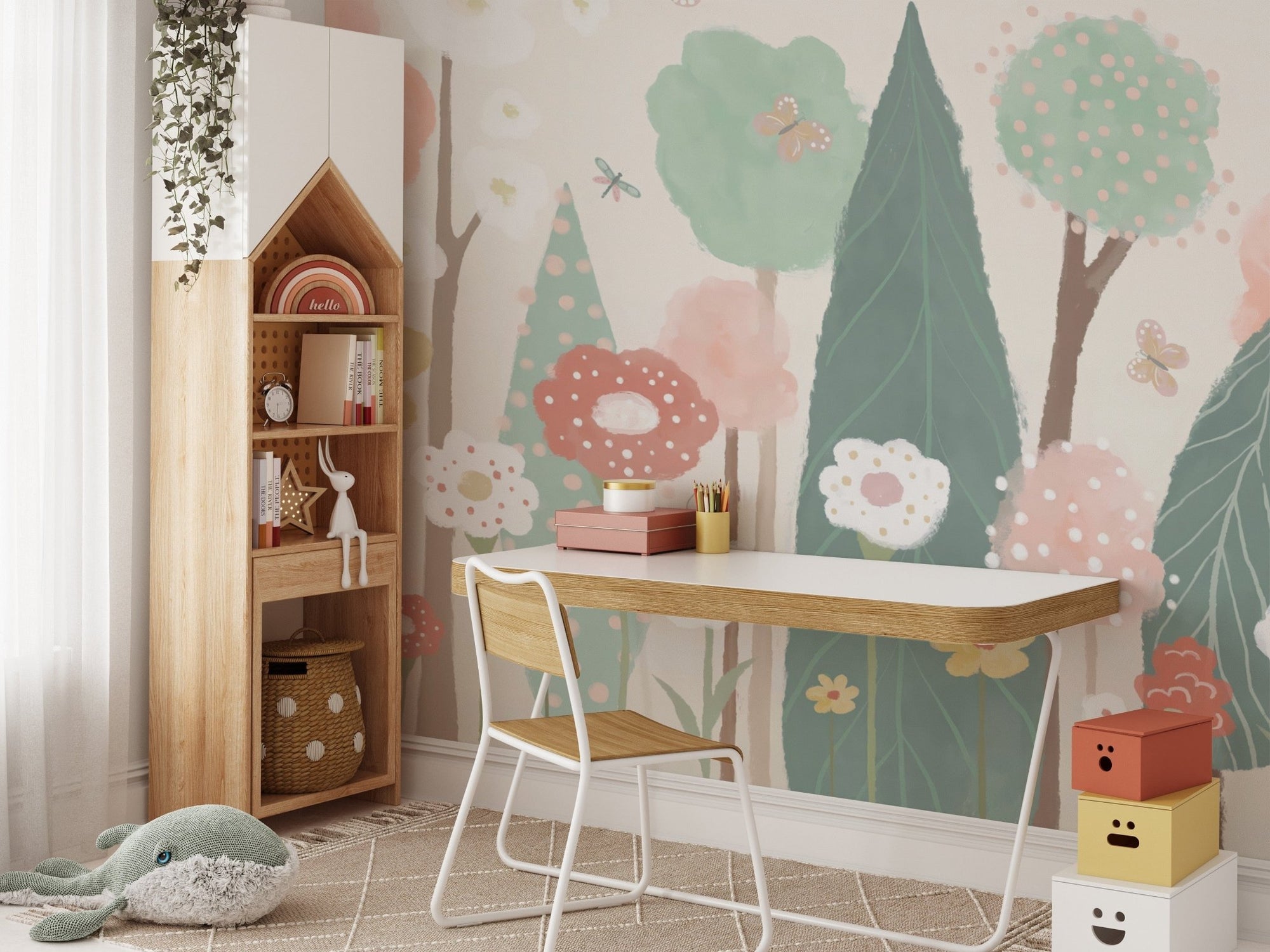 Elegant watercolor floral trees mural for serene wall decor., B747