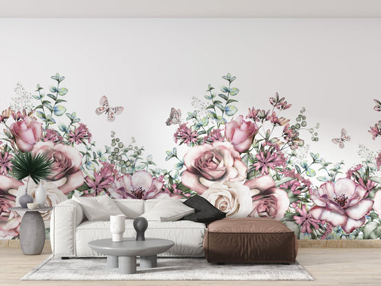 Vintage watercolor floral mural with pink blossoms. A751