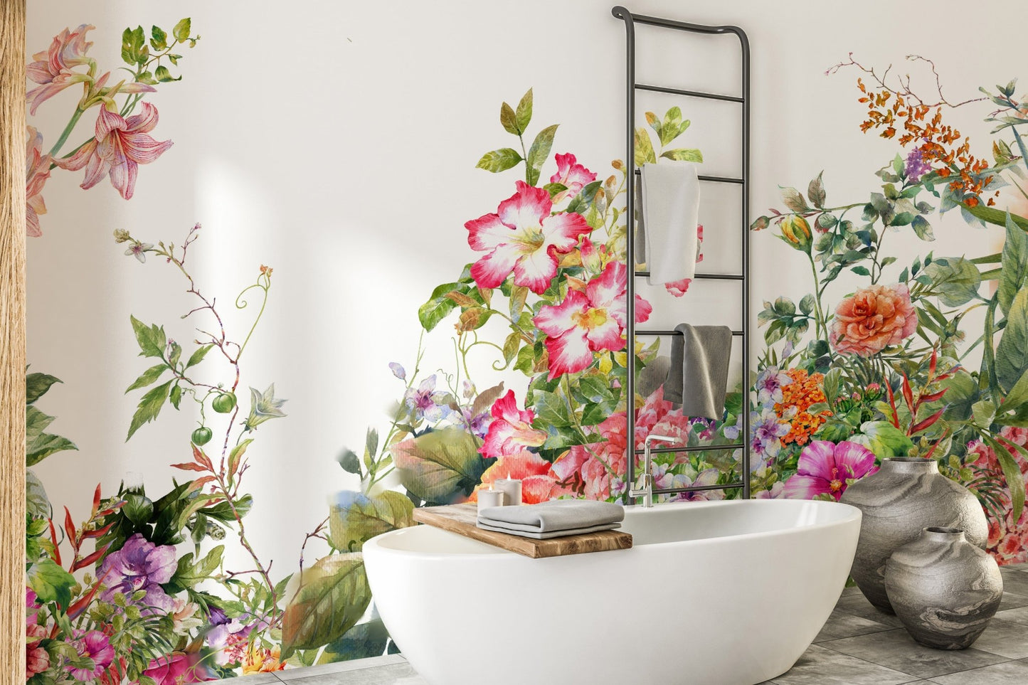 Bright watercolor leaves mural with delicate flowers.