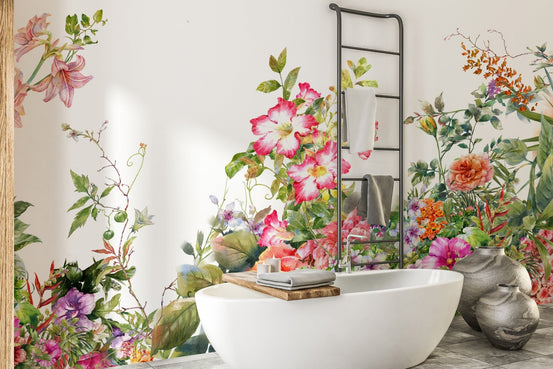 Bright watercolor leaves mural with delicate flowers. A759