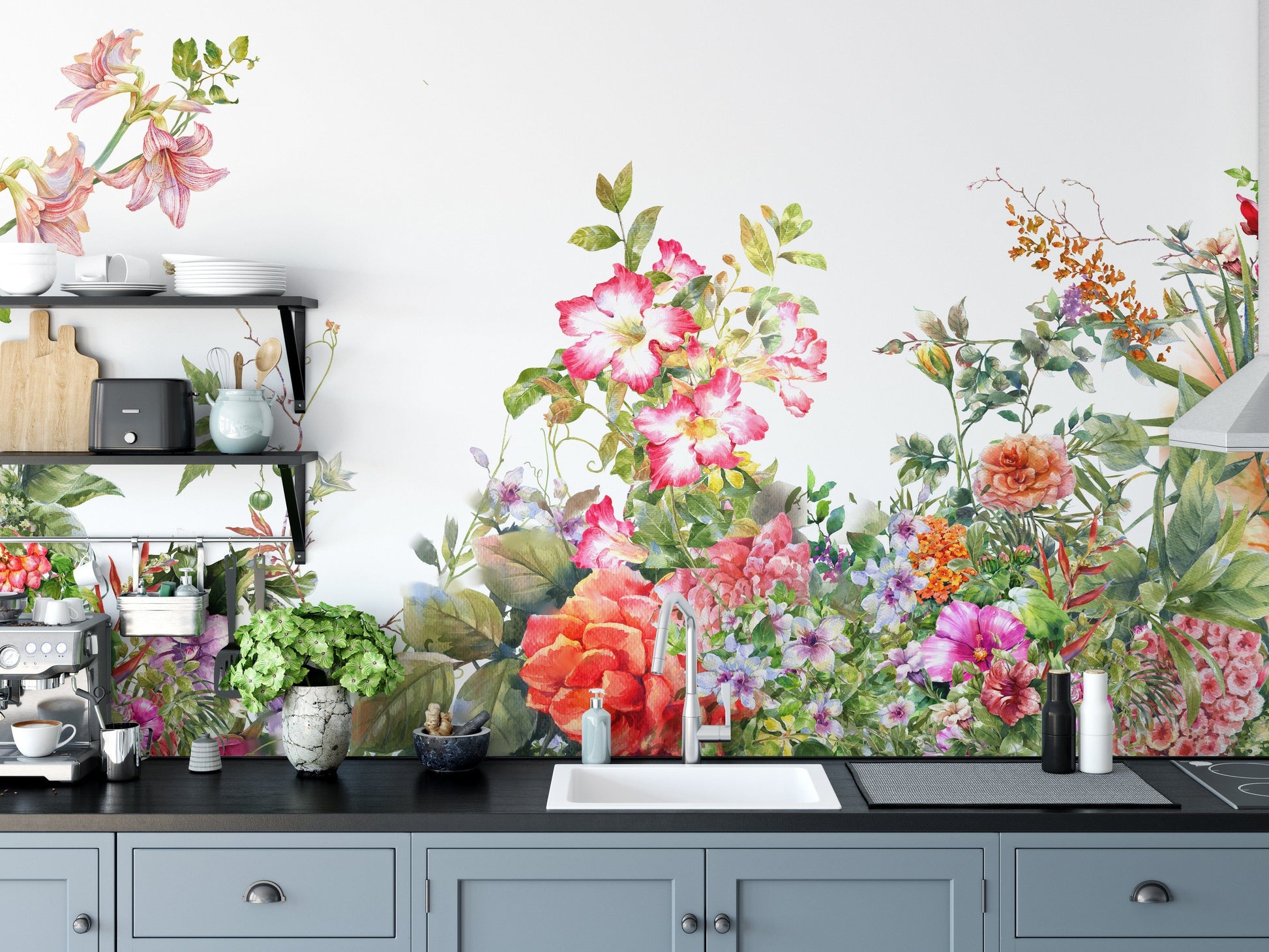 Watercolor flower mural with artistic brushstroke details.