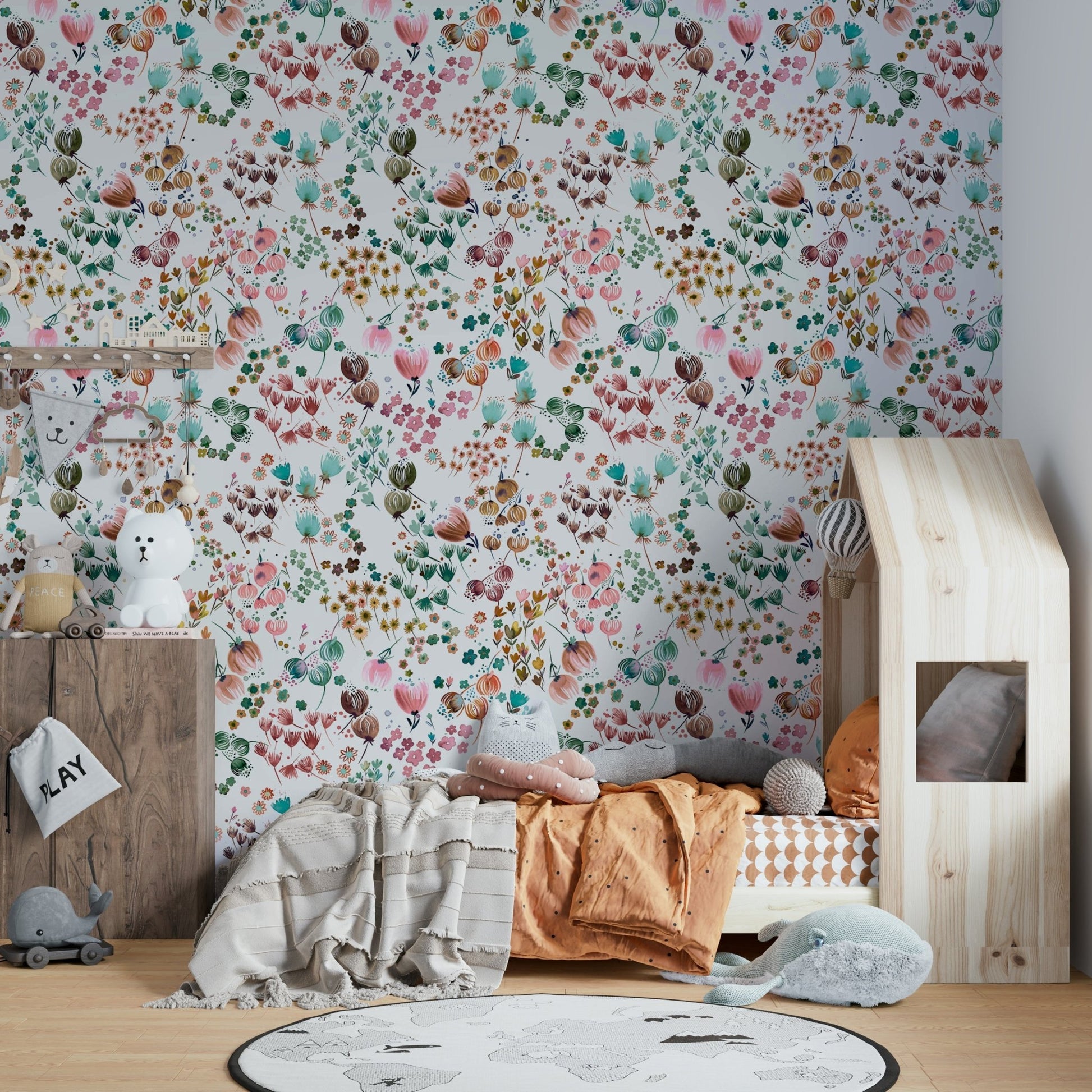 Green and orange watercolor flowers for vibrant walls.

