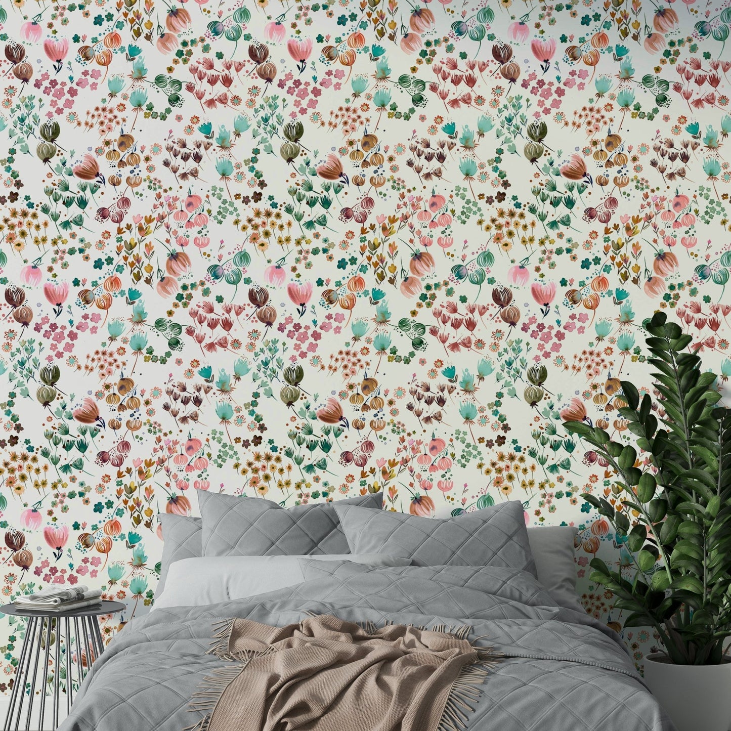 Watercolor flowers with green and orange floral pattern.

