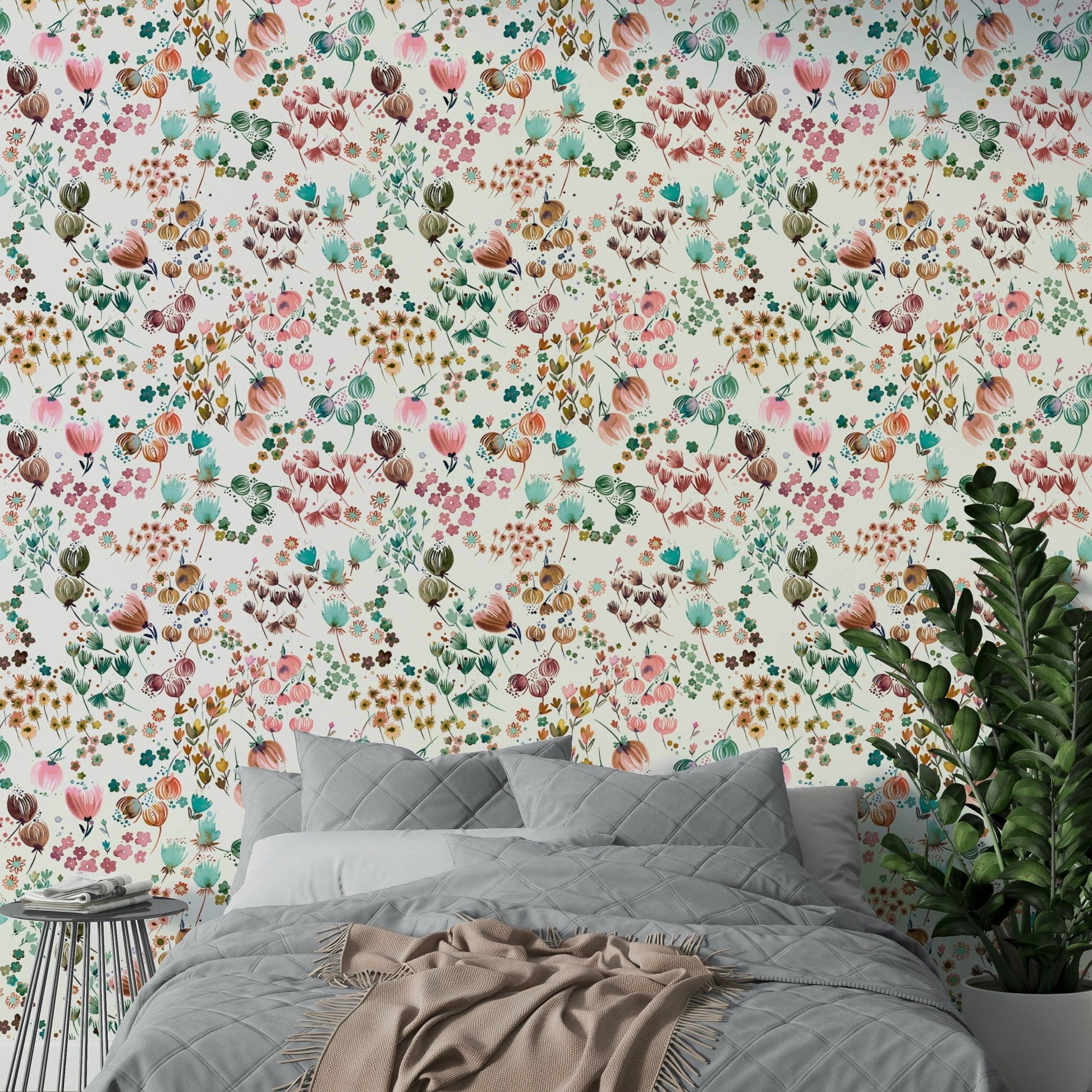 Watercolor flowers with green and orange floral pattern.

