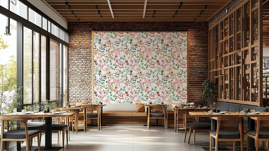Watercolor floral wallpaper with orange and green buds.

