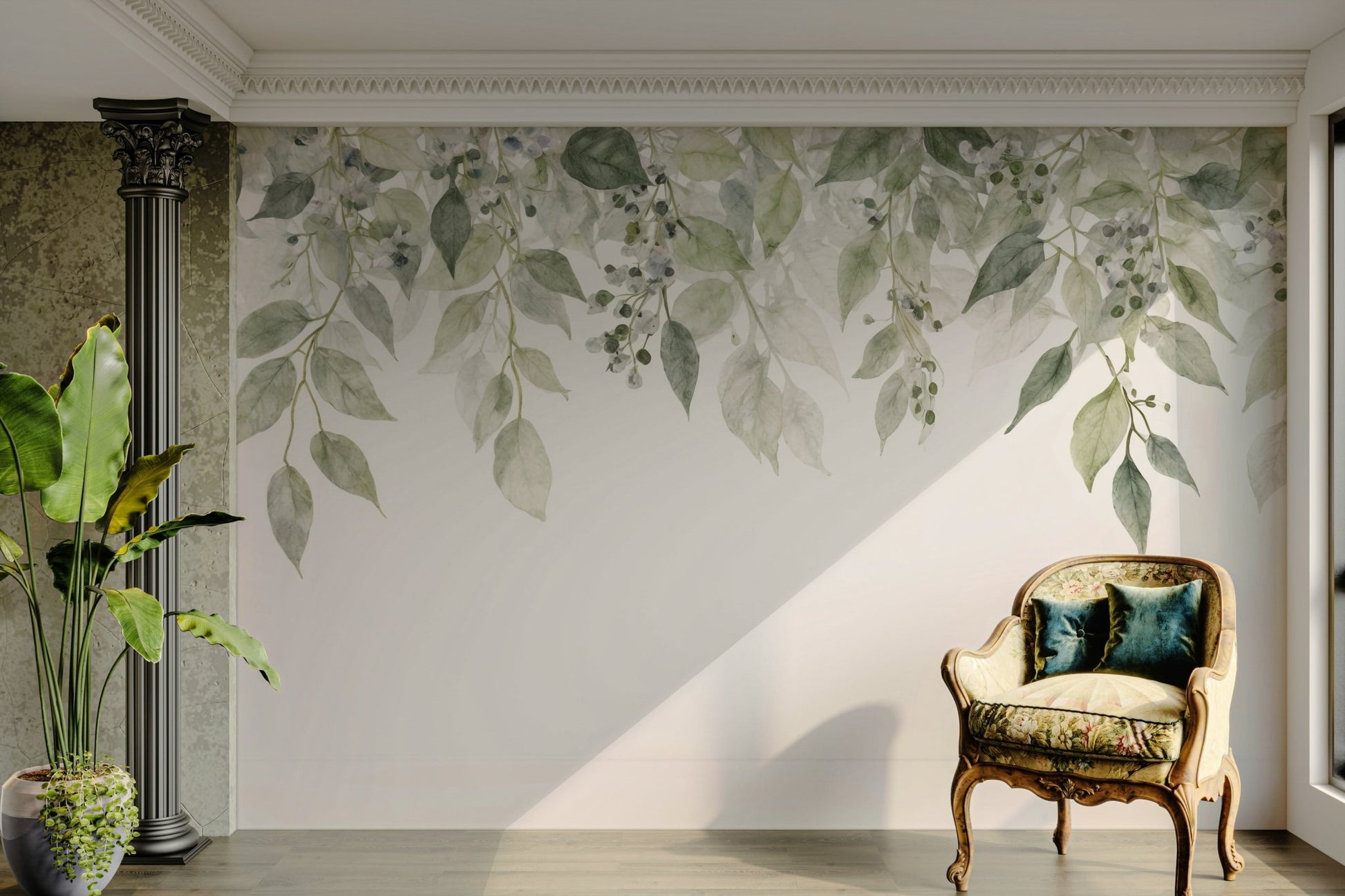 A wall mural of a peaceful foliage pattern.

