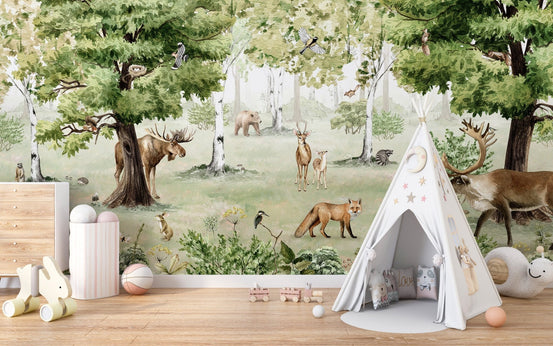Watercolor Woodland Wonders wallpaper with forest animals KB55