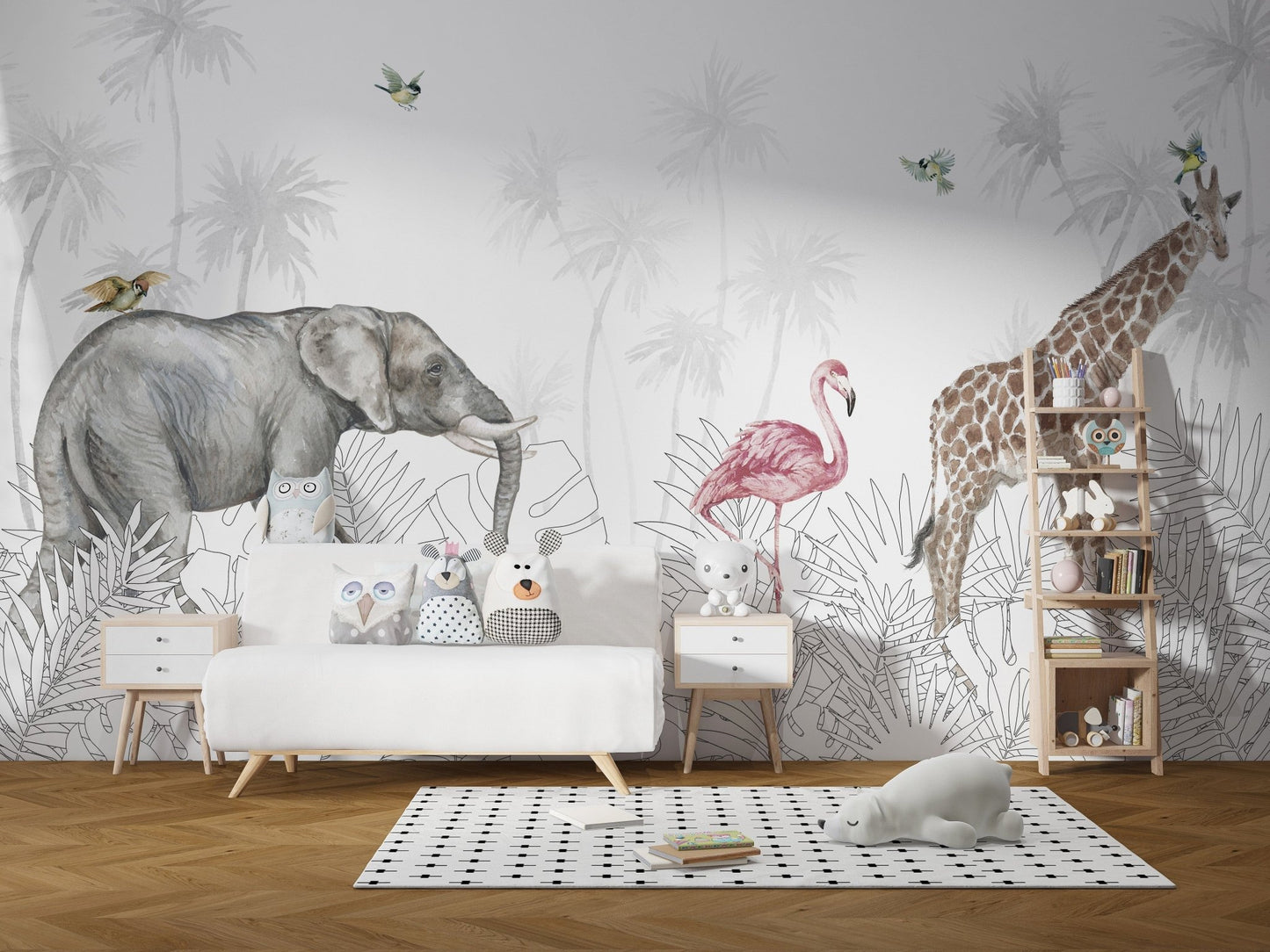 Kids room mural with feral fauna woods theme A680