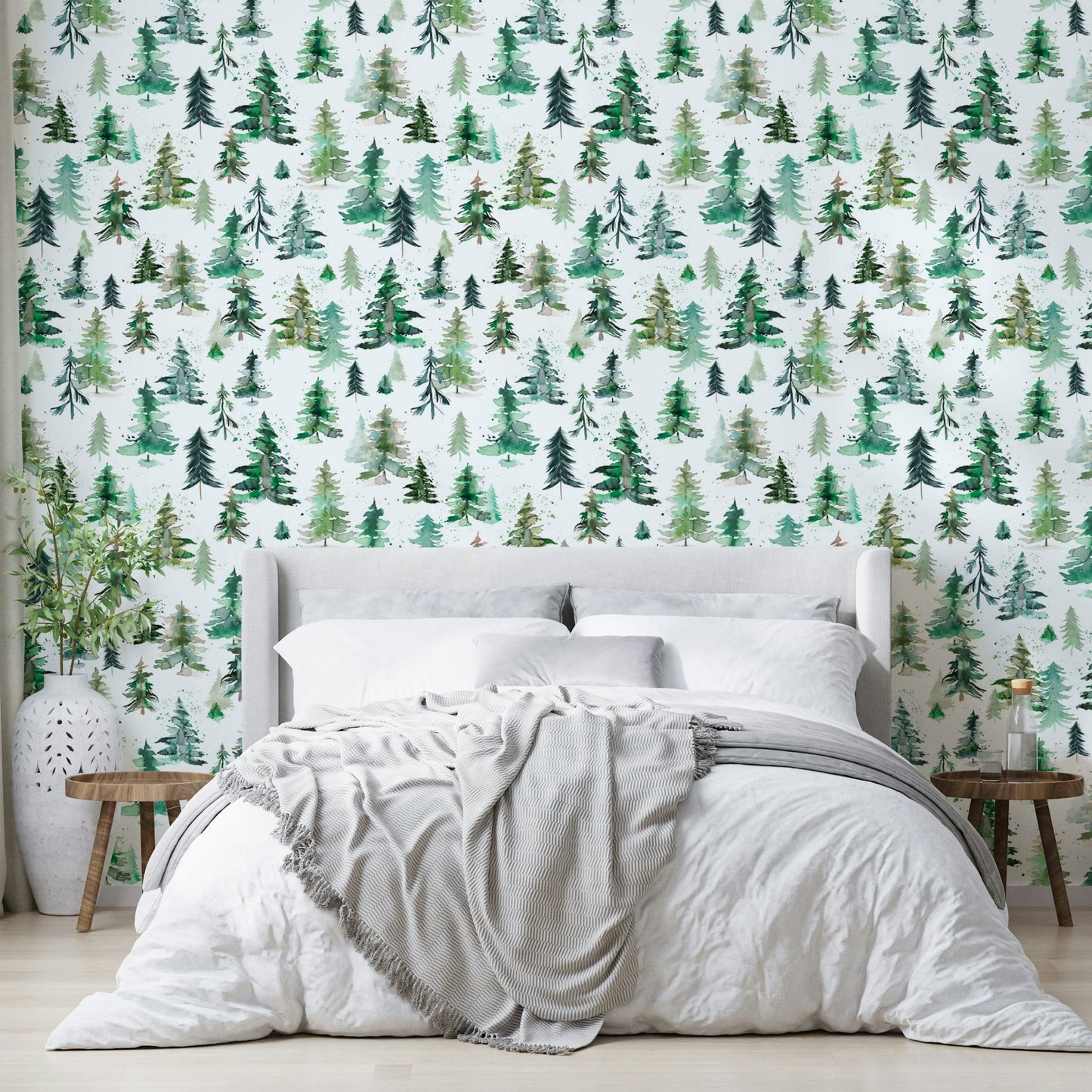 Watercolor forest wallpaper with spruces