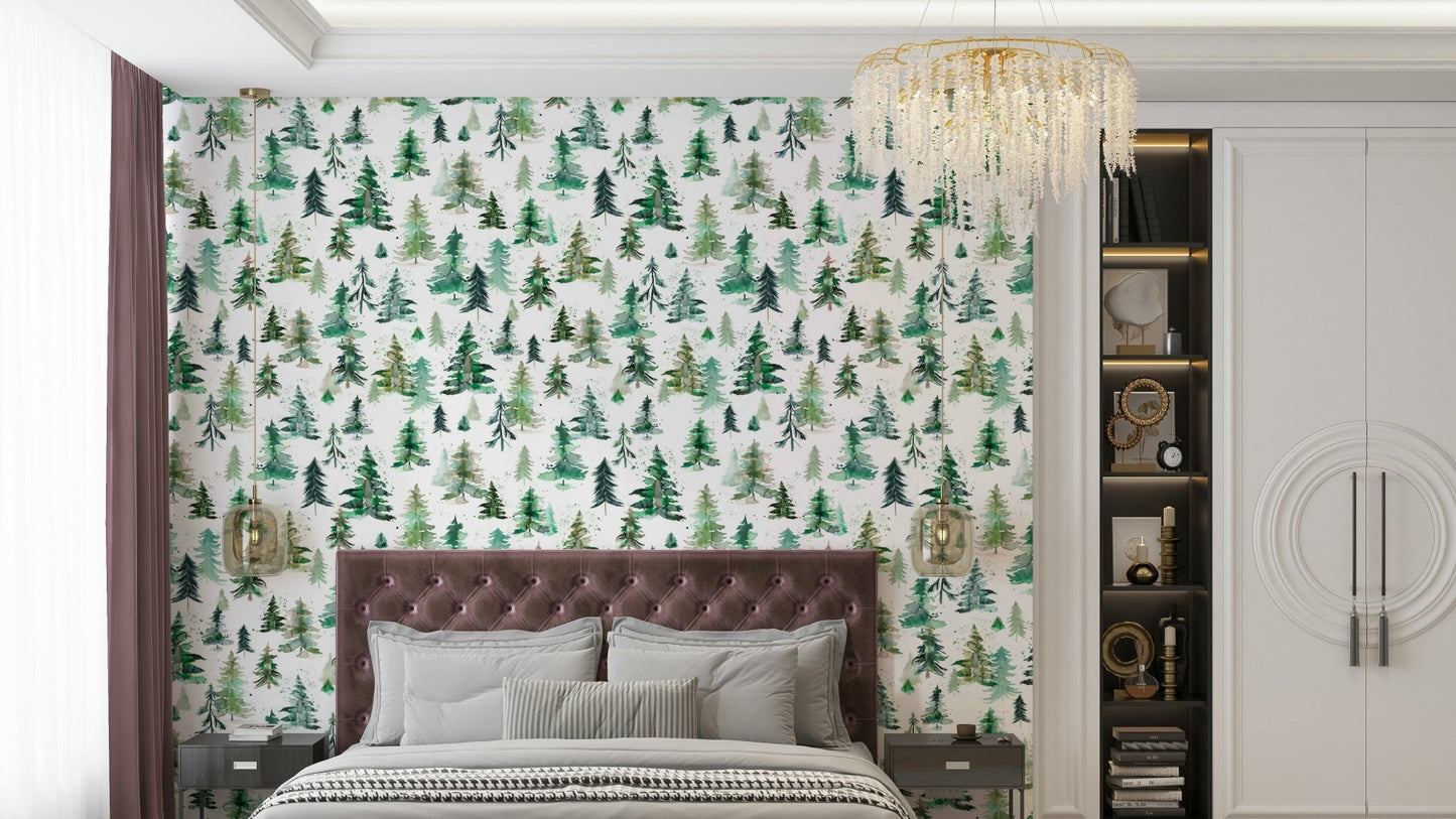 Spruce trees in watercolor forest wallpaper