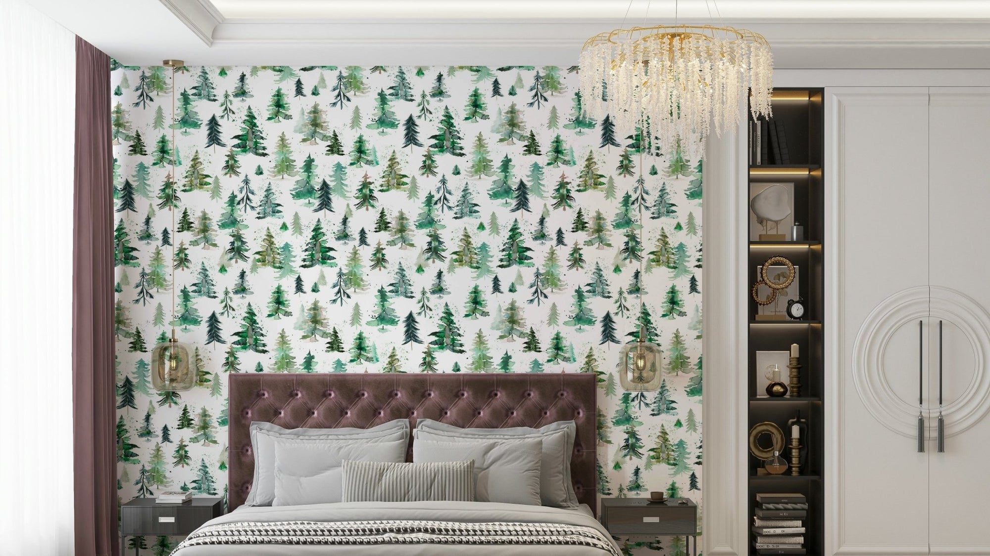 Spruce trees in watercolor forest wallpaper, GD1562