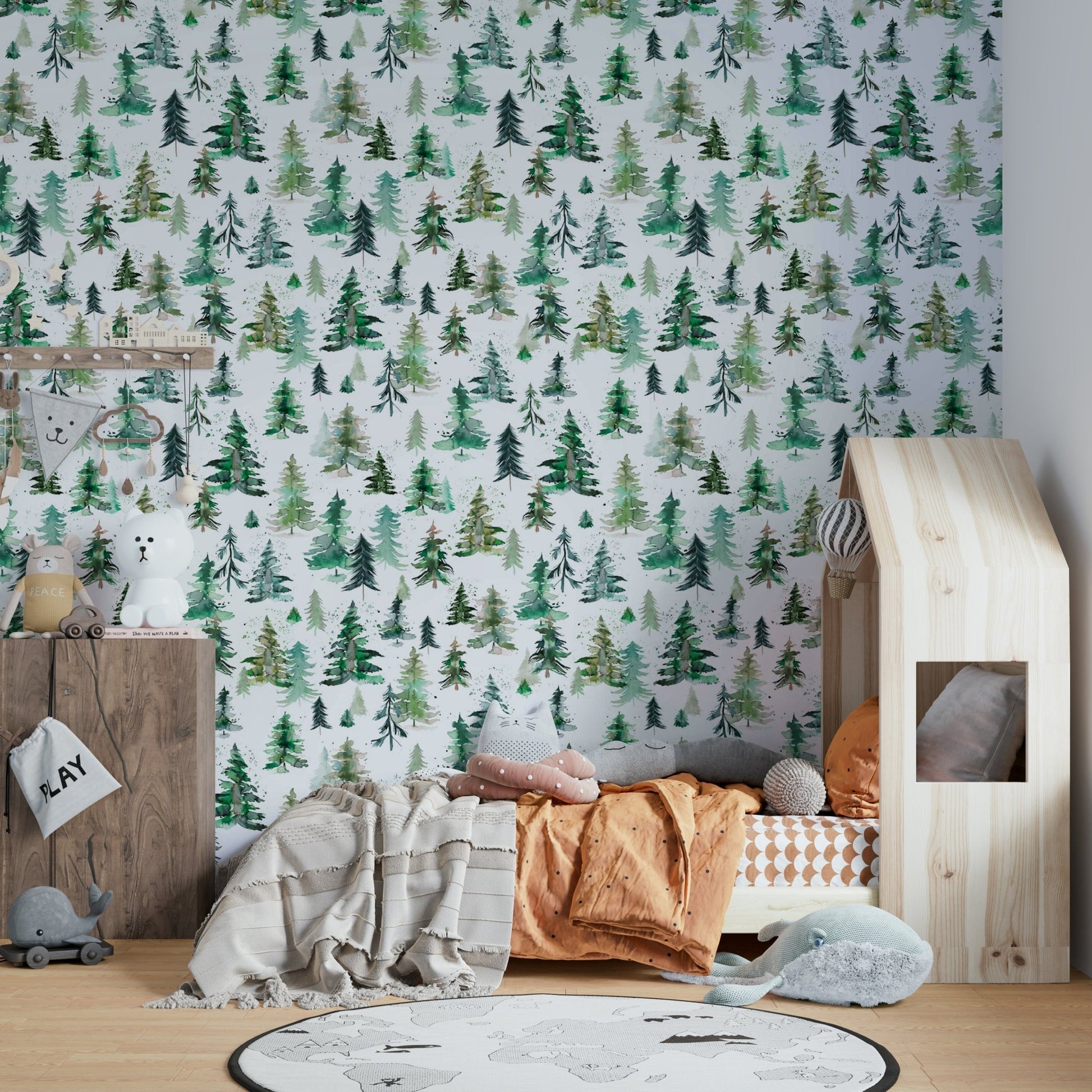 Soft watercolor spruces forest wall mural