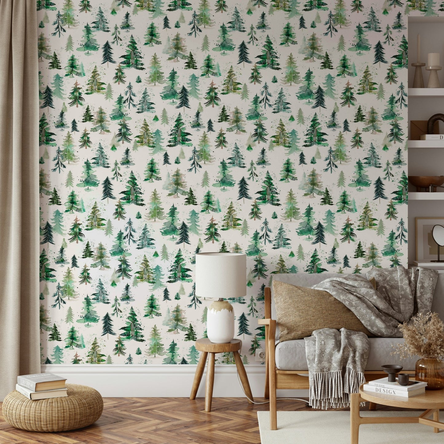 Soft tones of watercolor forest spruces wallpaper