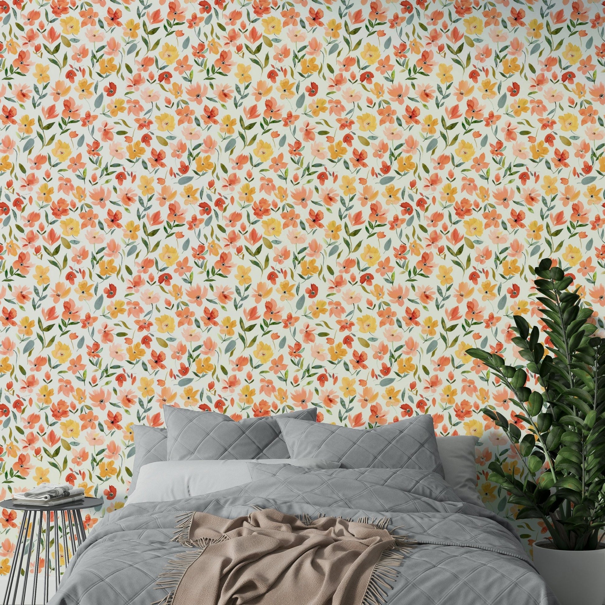 Modern orange and yellow watercolor flower wall design.

