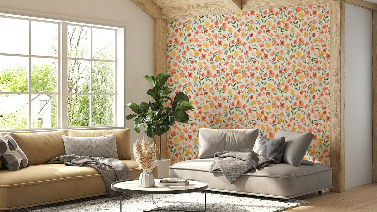 Fresh orange and yellow flowers in watercolor wallpaper., GD1563