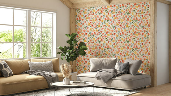 Fresh orange and yellow flowers in watercolor wallpaper., GD1563