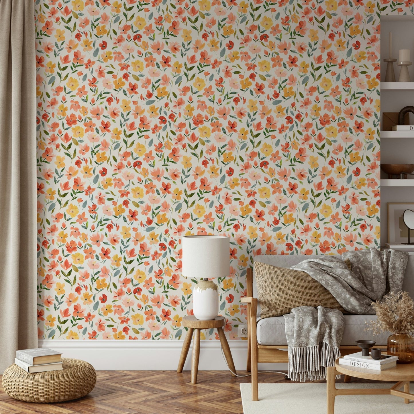 Watercolor floral wallpaper with orange and yellow tones.

