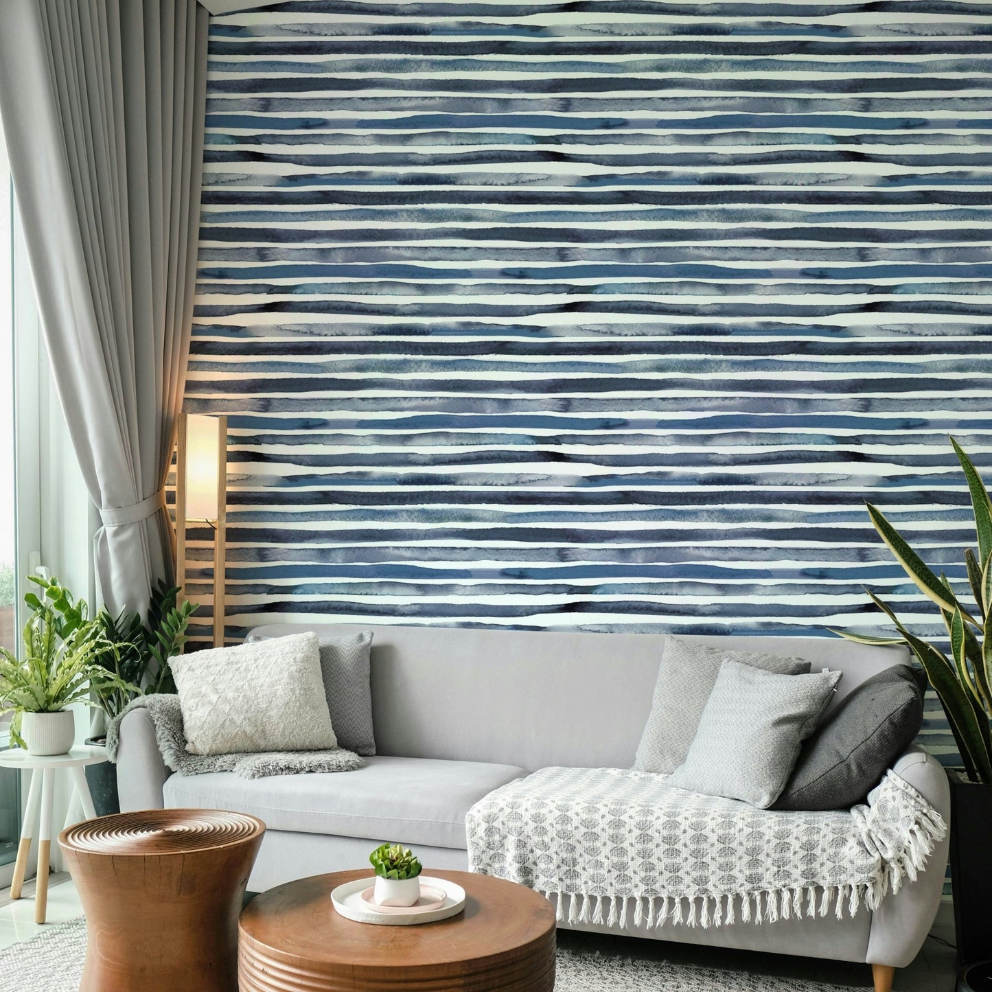 Fresh soft blue geometric stripes on watercolor paper., GD1564