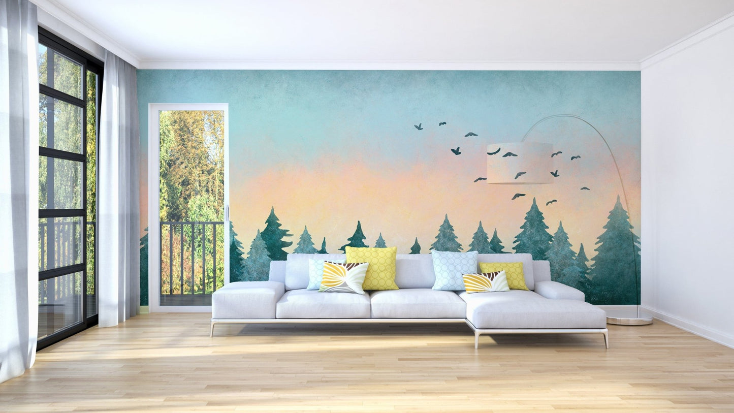 Watercolor Green Tree Forest Wallpaper Mural