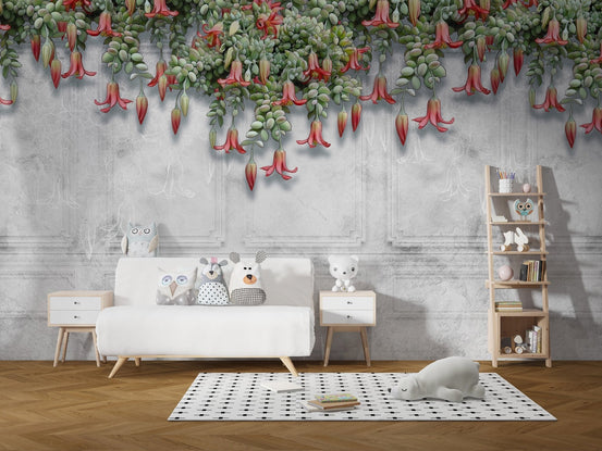 Hanging Exotic Flowers Concrete Gray Wall Murals B161