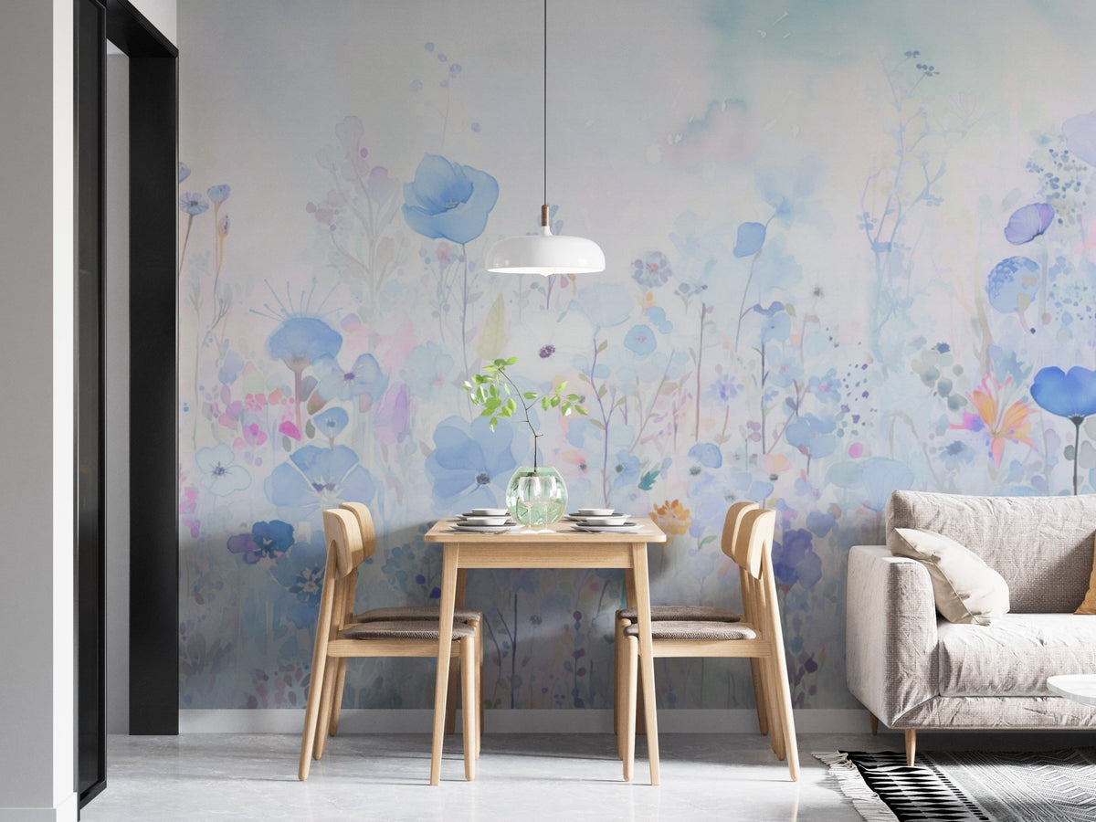 Transform your space with vibrant watercolor happy flowers blue wallpaper. DTIL51
