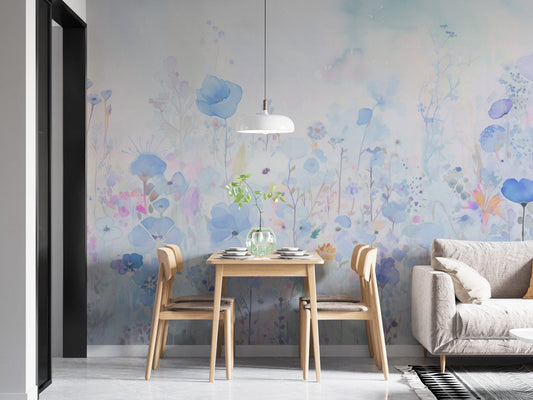 Transform your space with vibrant watercolor happy flowers blue wallpaper. DTIL51
