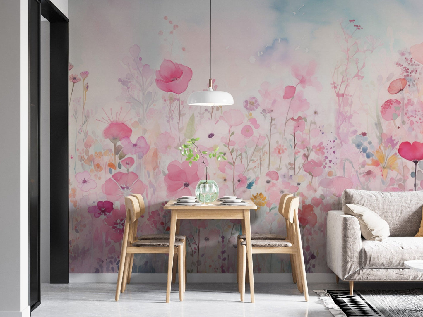 Transform your space with bright watercolor happy flowers pink wallpaper., DTIL52