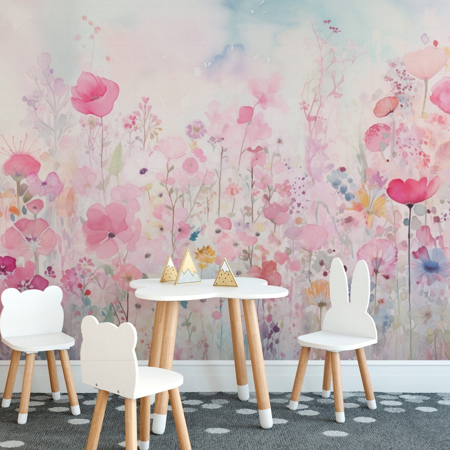 Cheerful watercolor happy flowers pink wallpaper for a playful, cozy room., DTIL52