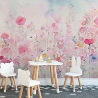 Cheerful watercolor happy flowers pink wallpaper for a playful, cozy room., DTIL52