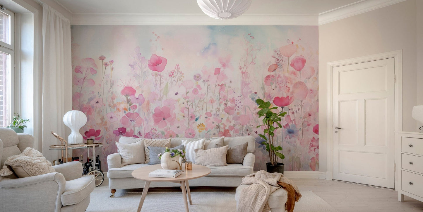 Soft watercolor happy flowers pink wallpaper for a warm, joyful ambiance., DTIL52