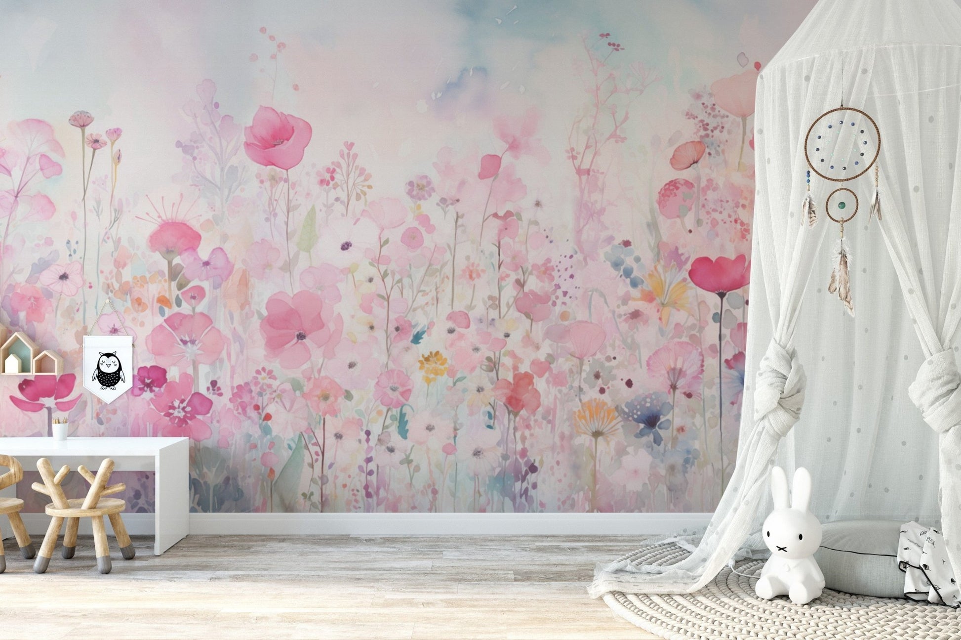 Watercolor happy flowers pink color wallpaper for a bright, happy atmosphere., DTIL52
