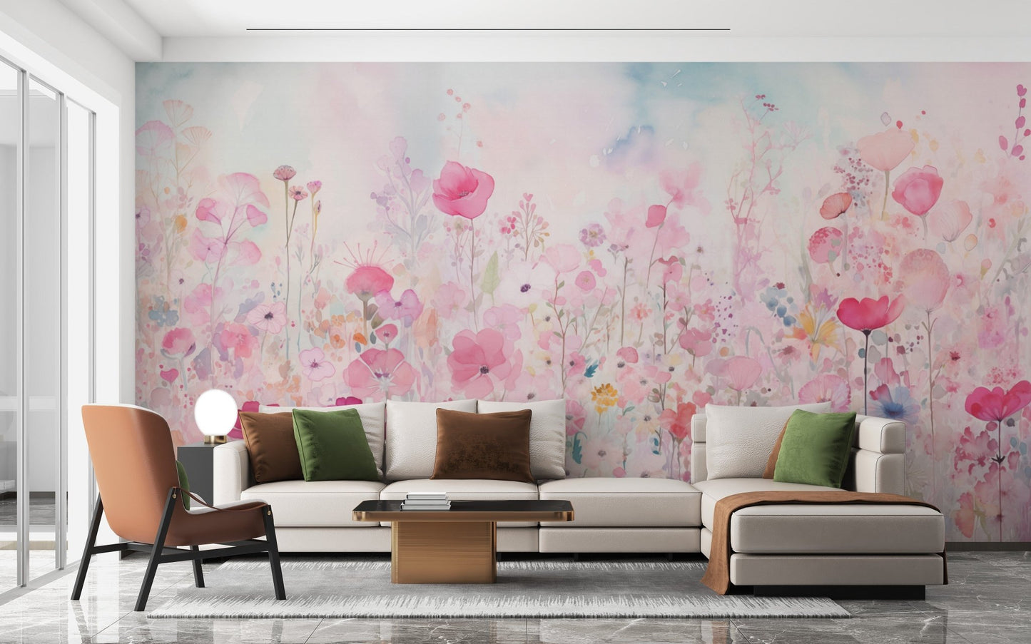 Beautiful watercolor happy flowers pink wallpaper for a feminine room upgrade., DTIL52