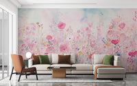 Beautiful watercolor happy flowers pink wallpaper for a feminine room upgrade., DTIL52