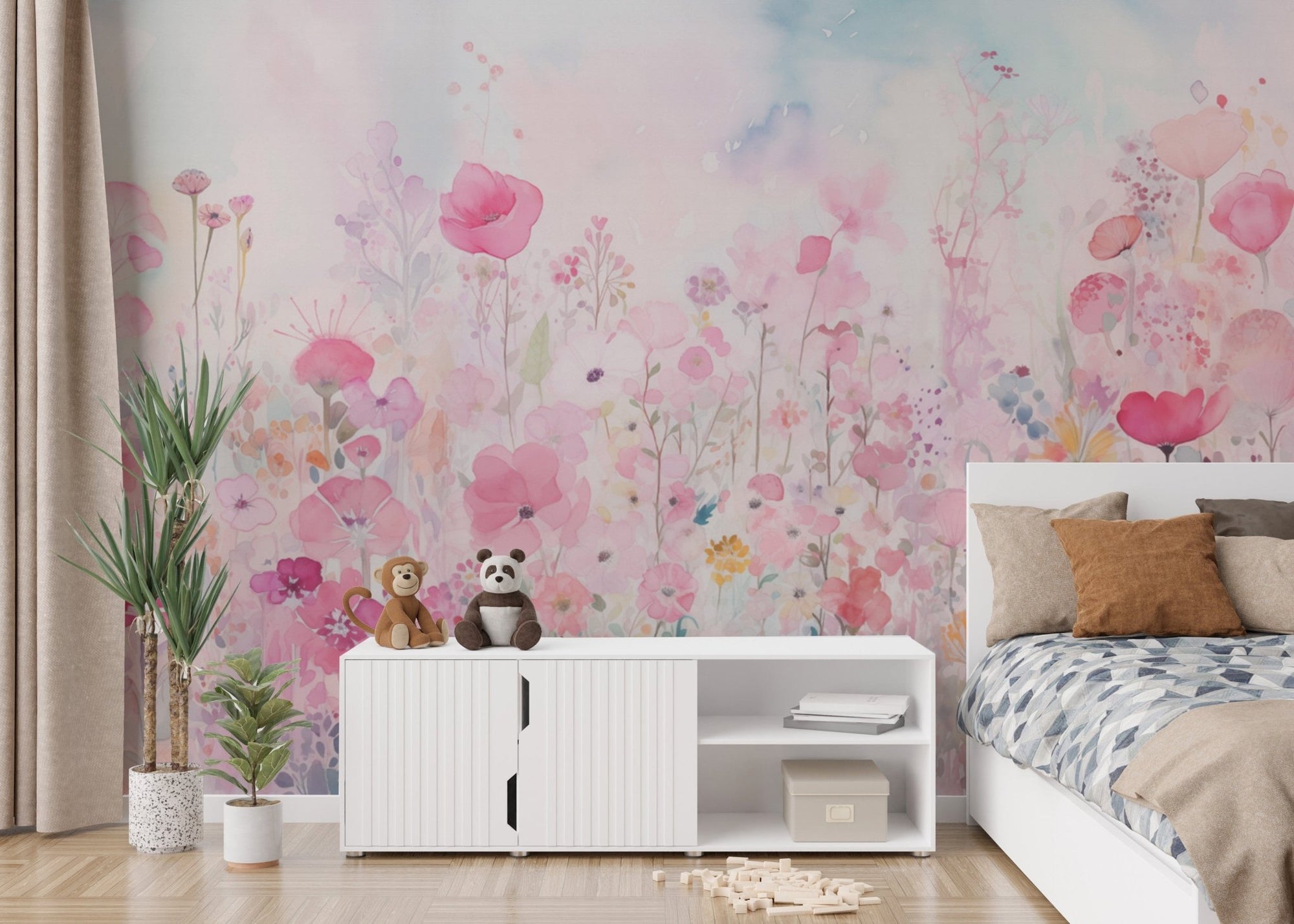 Watercolor happy flowers pink color wallpaper for a cheerful, vibrant room., DTIL52