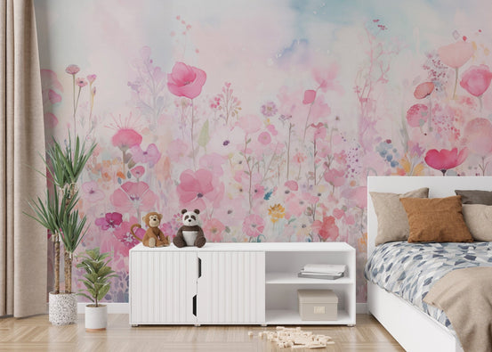 Watercolor happy flowers pink color wallpaper for a cheerful, vibrant room., DTIL52