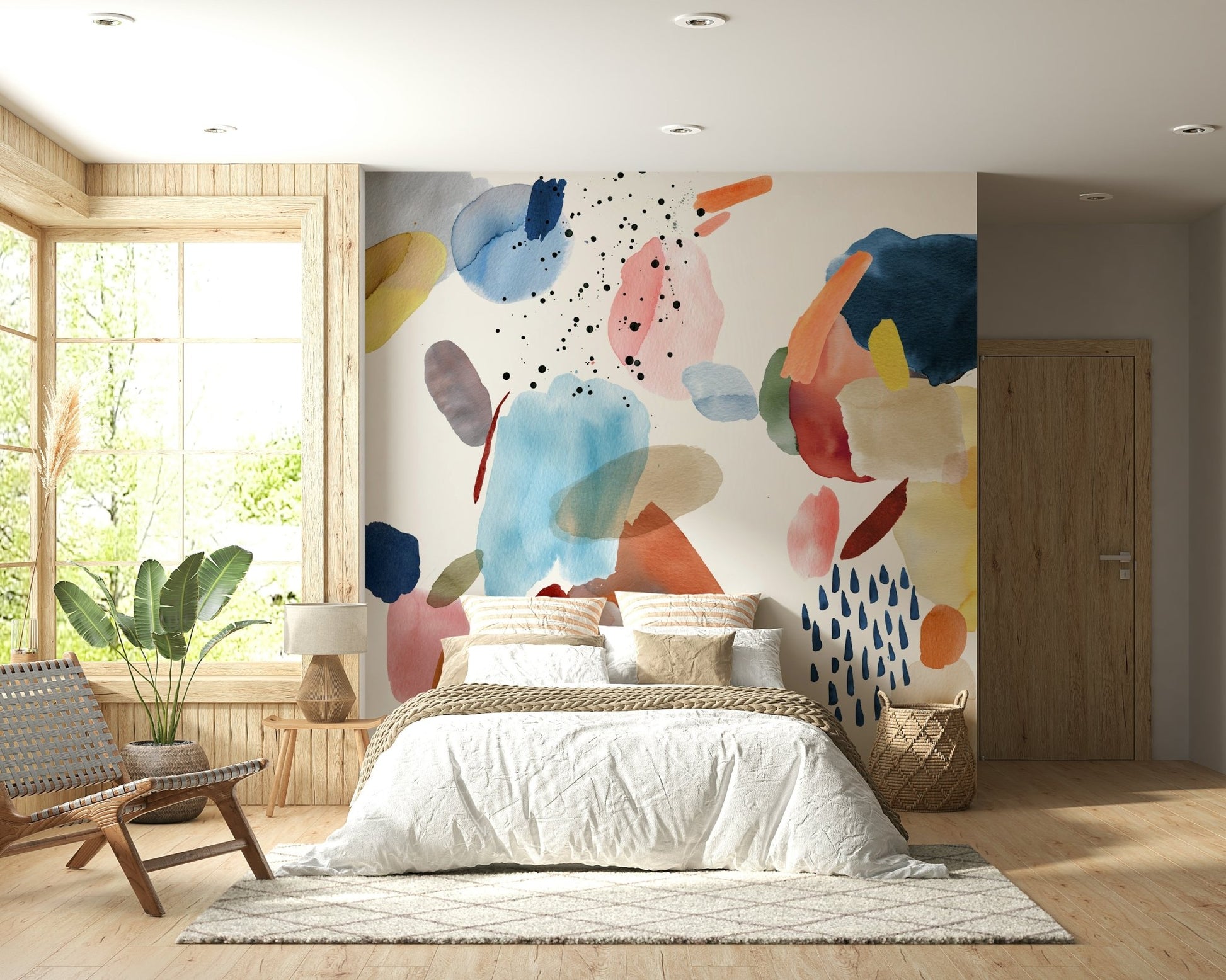 Abstract Watercolor Harmony wall mural in a minimalist home office.