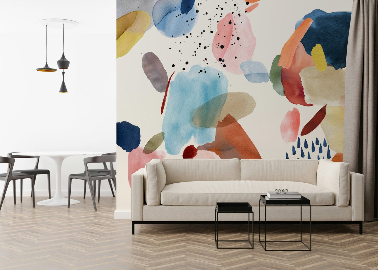 Sophisticated watercolor wallpaper for a hotel lobby or guest room.