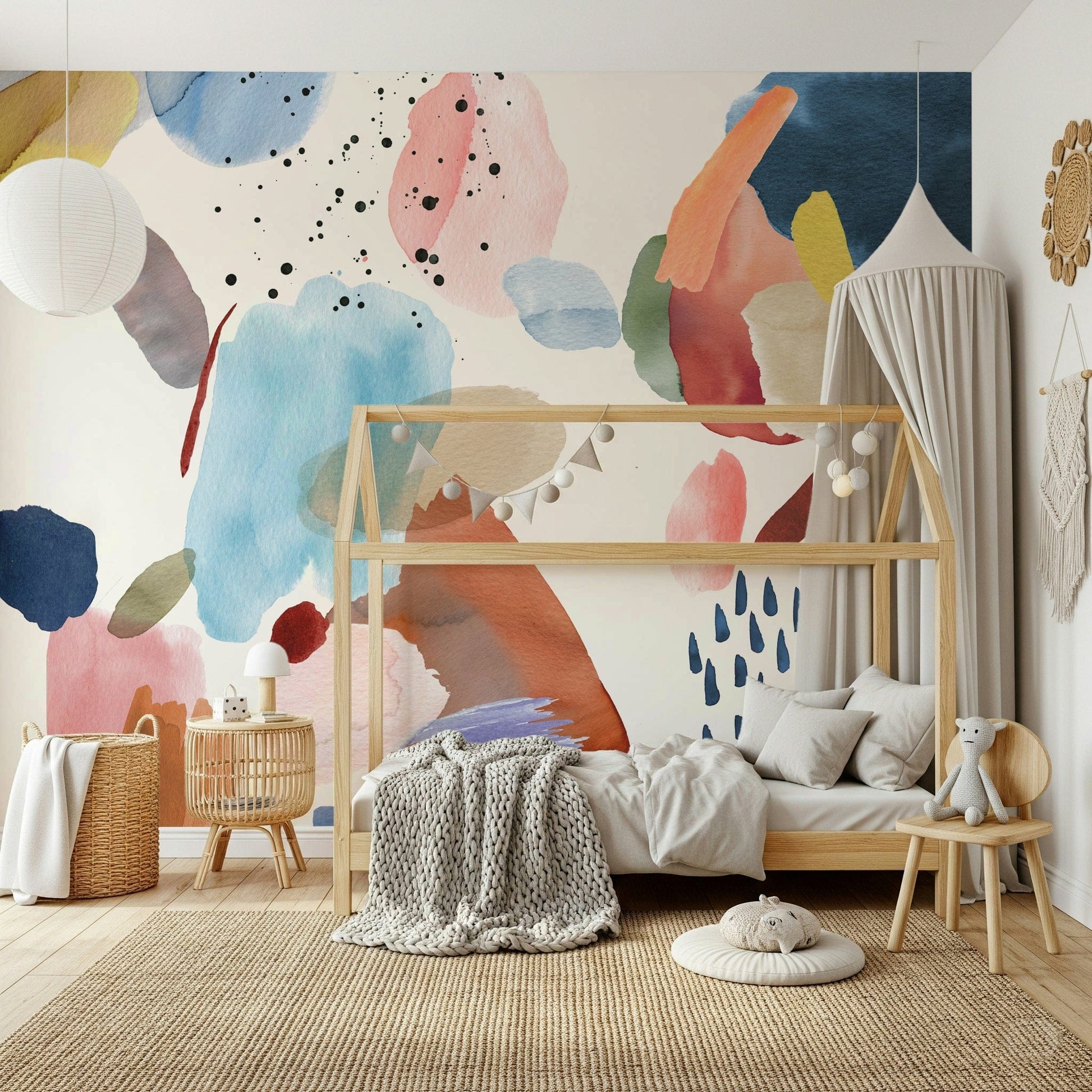 Soft pastel watercolor wallpaper for a modern bedroom feature wall.