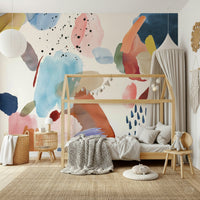 Soft pastel watercolor wallpaper for a modern bedroom feature wall.