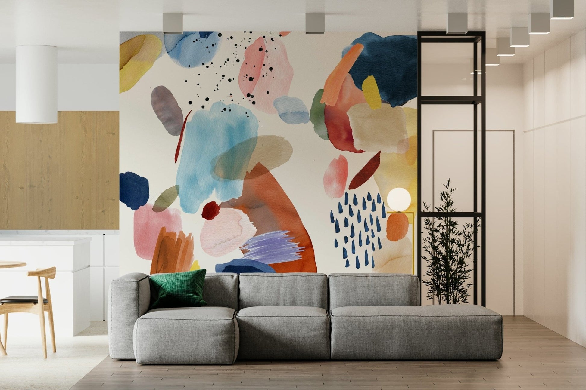 Watercolor Harmony wall mural in a spa inspired bathroom layout.