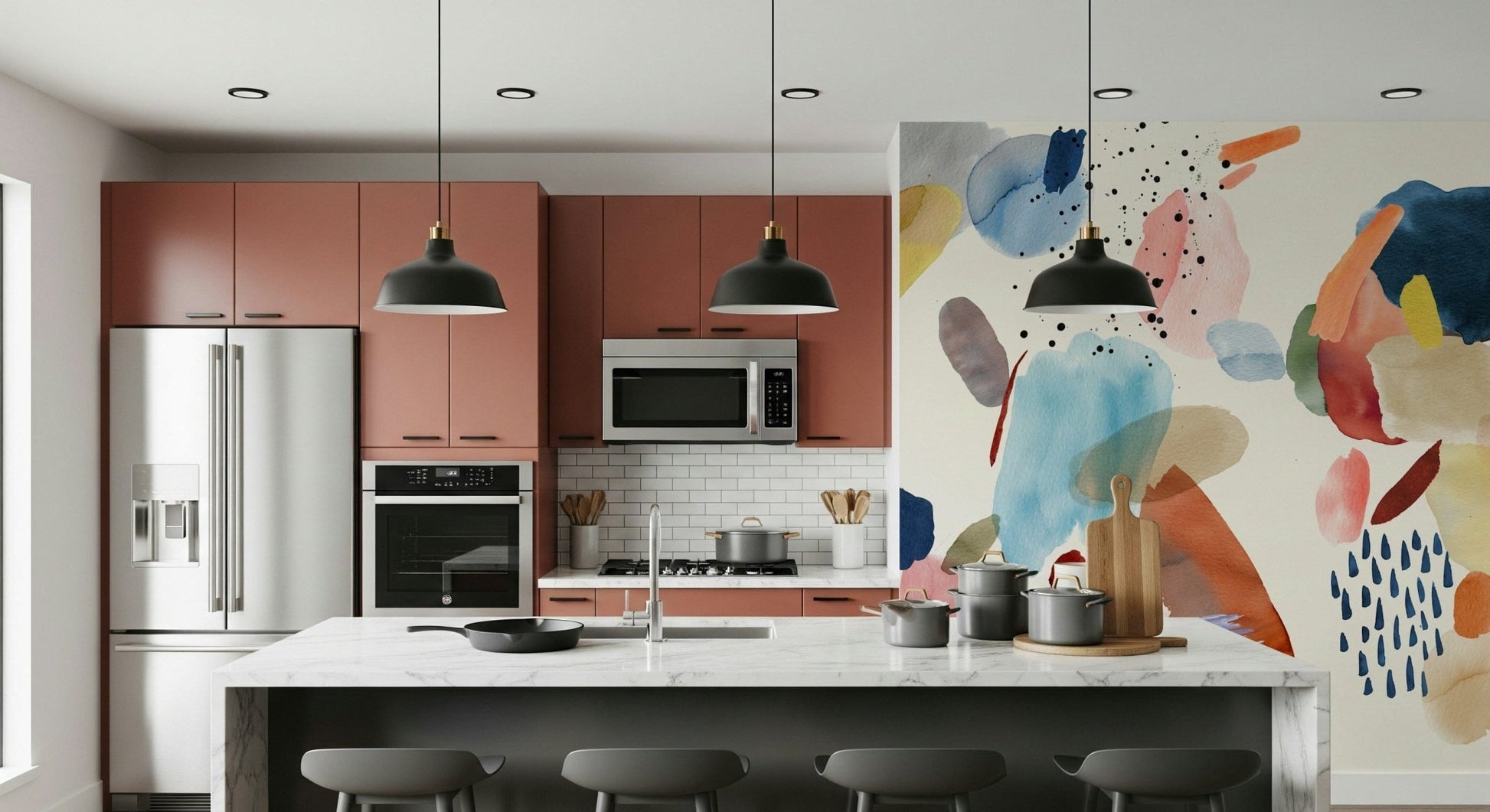 Artistic Watercolor Harmony wall mural in a nursery with light wood.