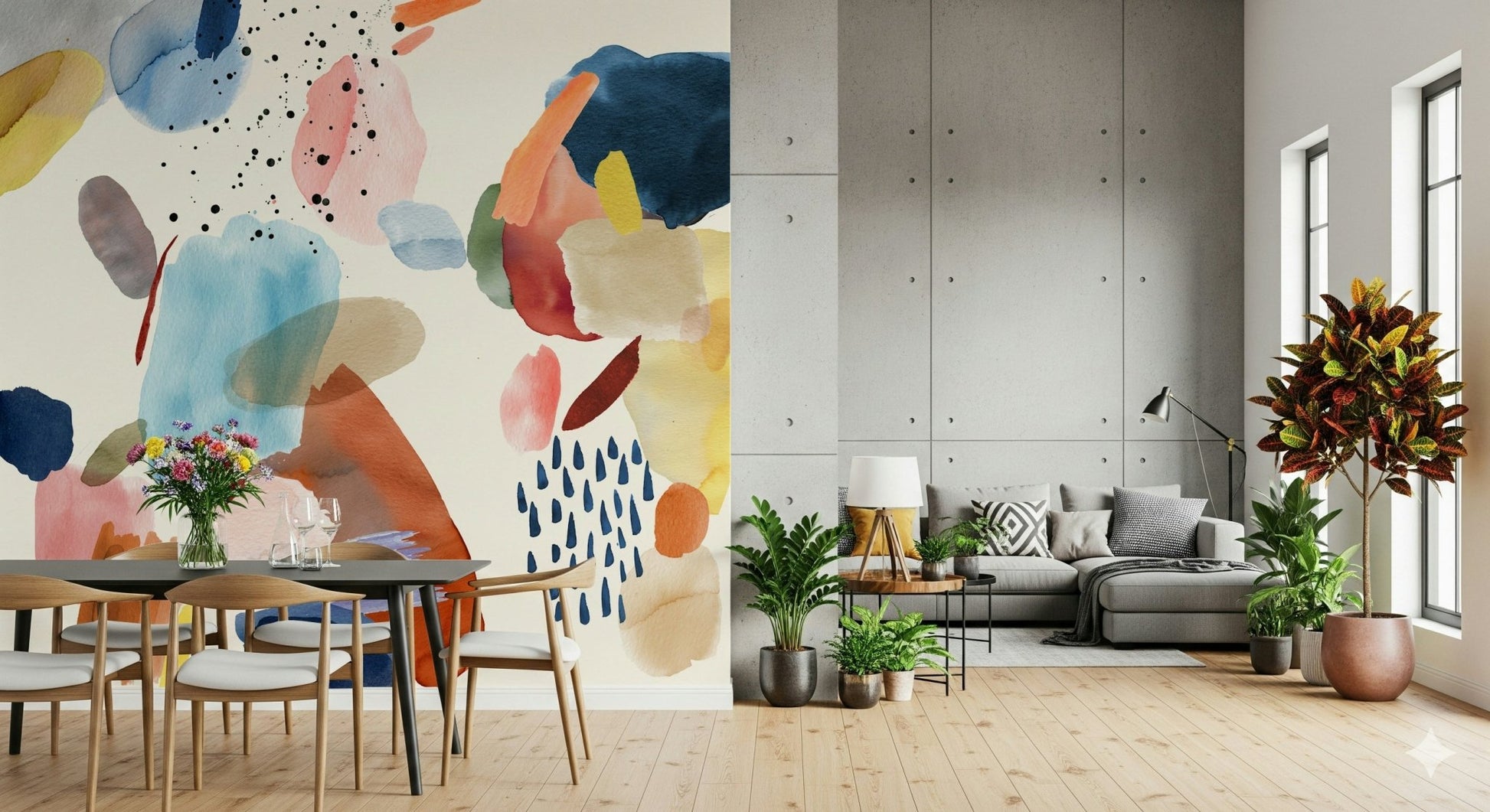 Watercolor Harmony wall mural behind a neutral sofa in a lounge.