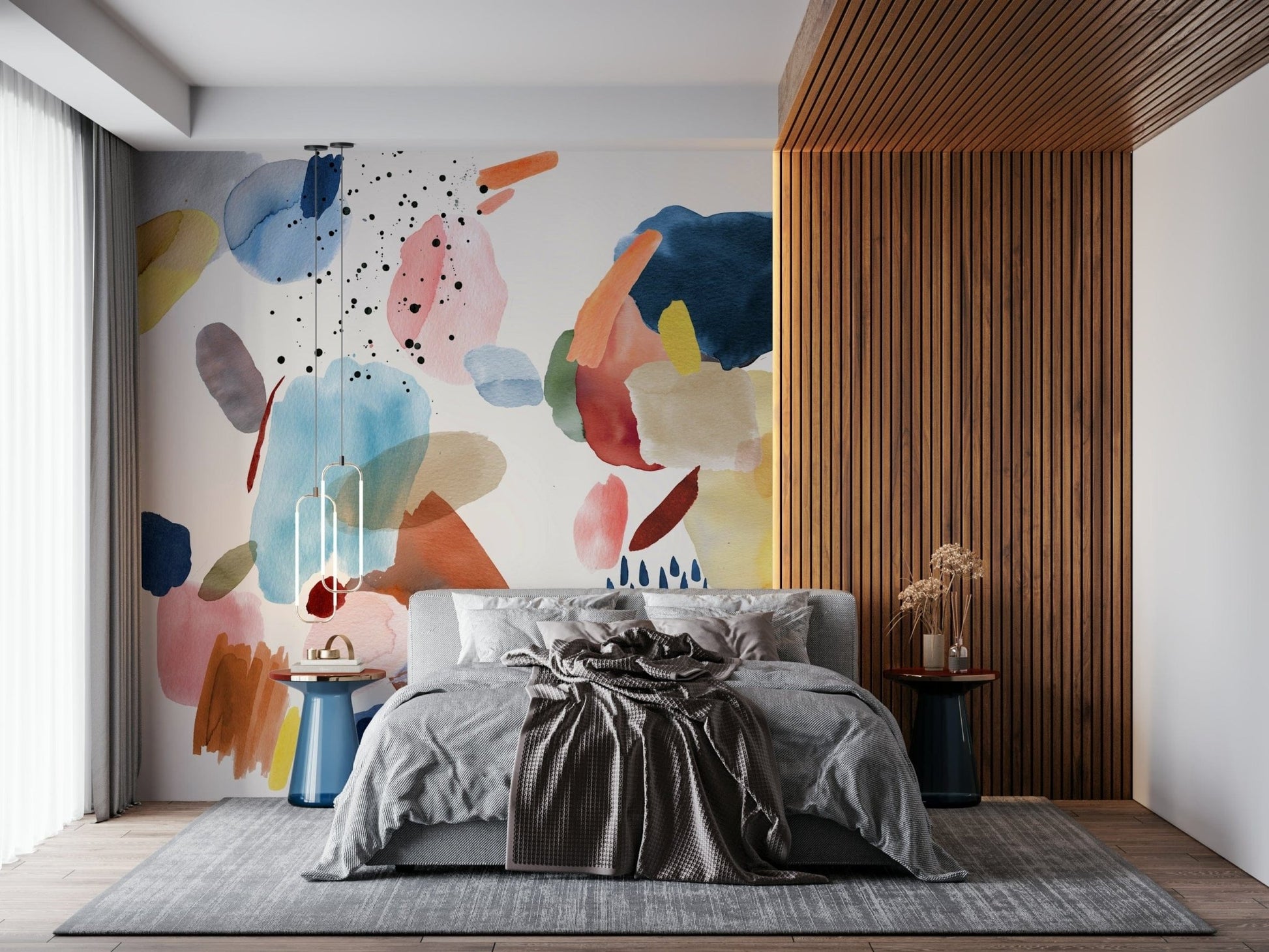 Elegant watercolor wallpaper with fluid patterns for a dining area.