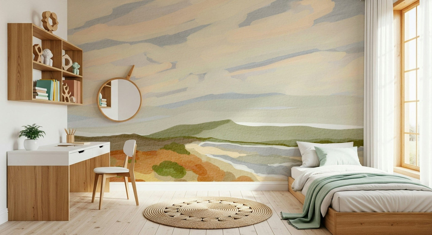 Expressive painted landscape, a dreamy Watercolor Hills cloudscape.