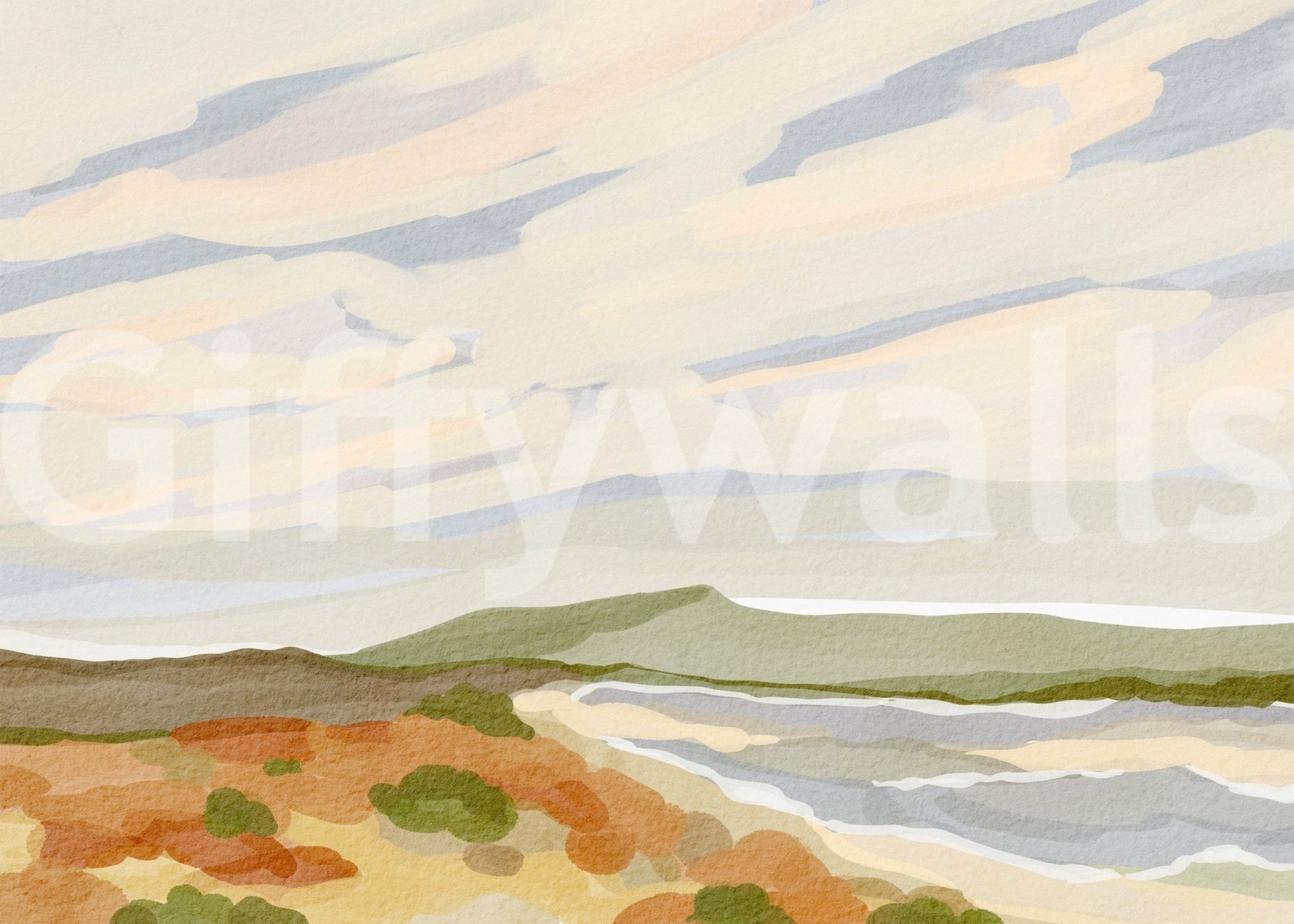 Earthy-toned wallpaper mural of the expansive Watercolor Hills vista.