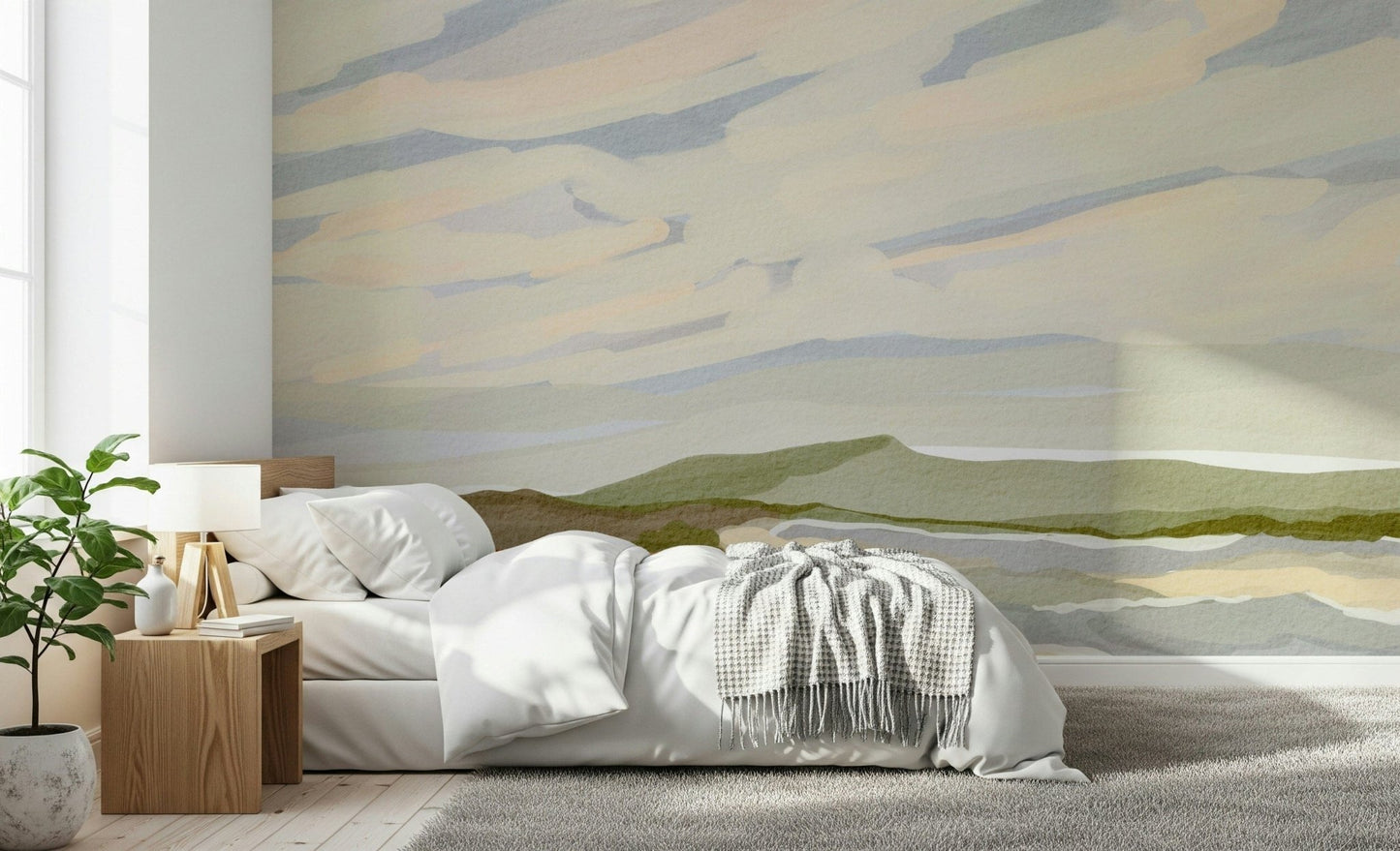 Gorgeous cloud-filled wall mural, the artistic Watercolor Hills view.