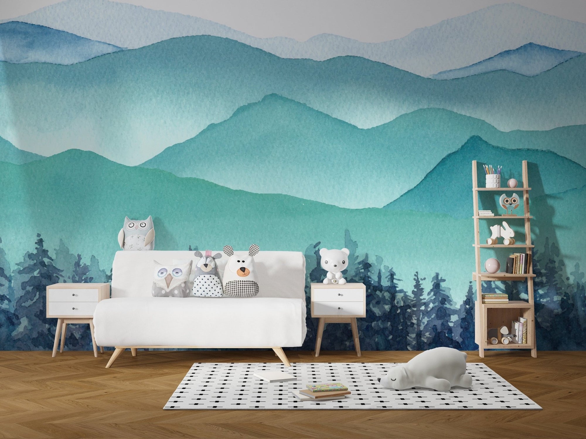 Watercolor snowy hills wallpaper mural. A958