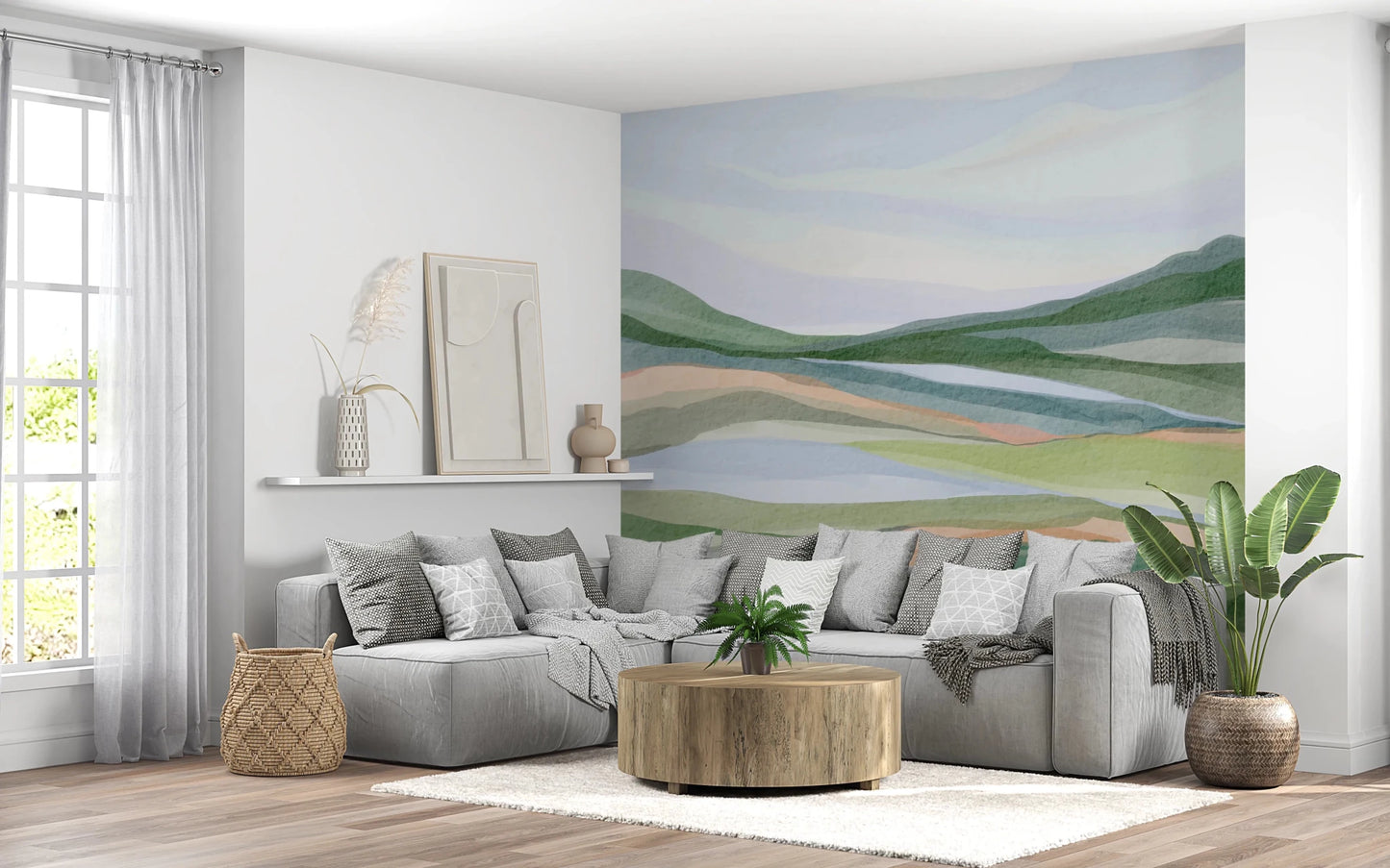 Soft green and blue watercolor rolling hill mural., GD8467
